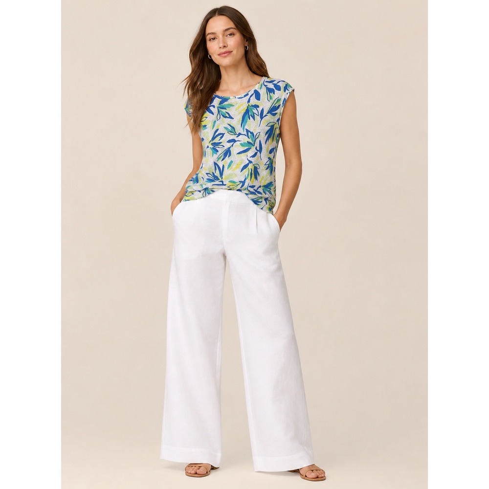 Cynthia Rowley Womens Tropical Print Button Back Linen Top Blue Green M Summer